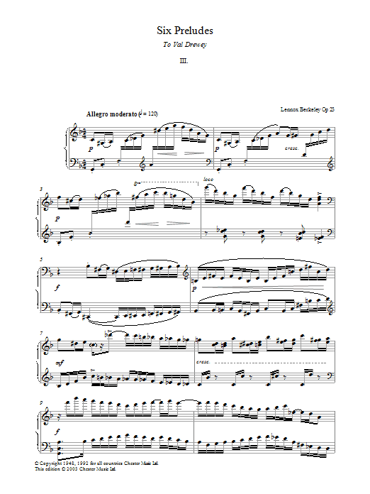 Learn to play Lennox Berkeley Prelude No. 3 (from Six Preludes) sheet music for Piano in minutes. Lennox Berkeley Prelude No. 3 (from Six Preludes) sheet music preview music notes and score for Piano including 4 page(s)