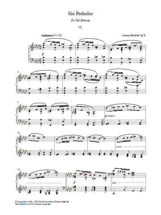 Learn to play Lennox Berkeley Prelude No. 6 (from Six Preludes) sheet music for Piano in minutes. Lennox Berkeley Prelude No. 6 (from Six Preludes) sheet music preview music notes and score for Piano including 2 page(s)
