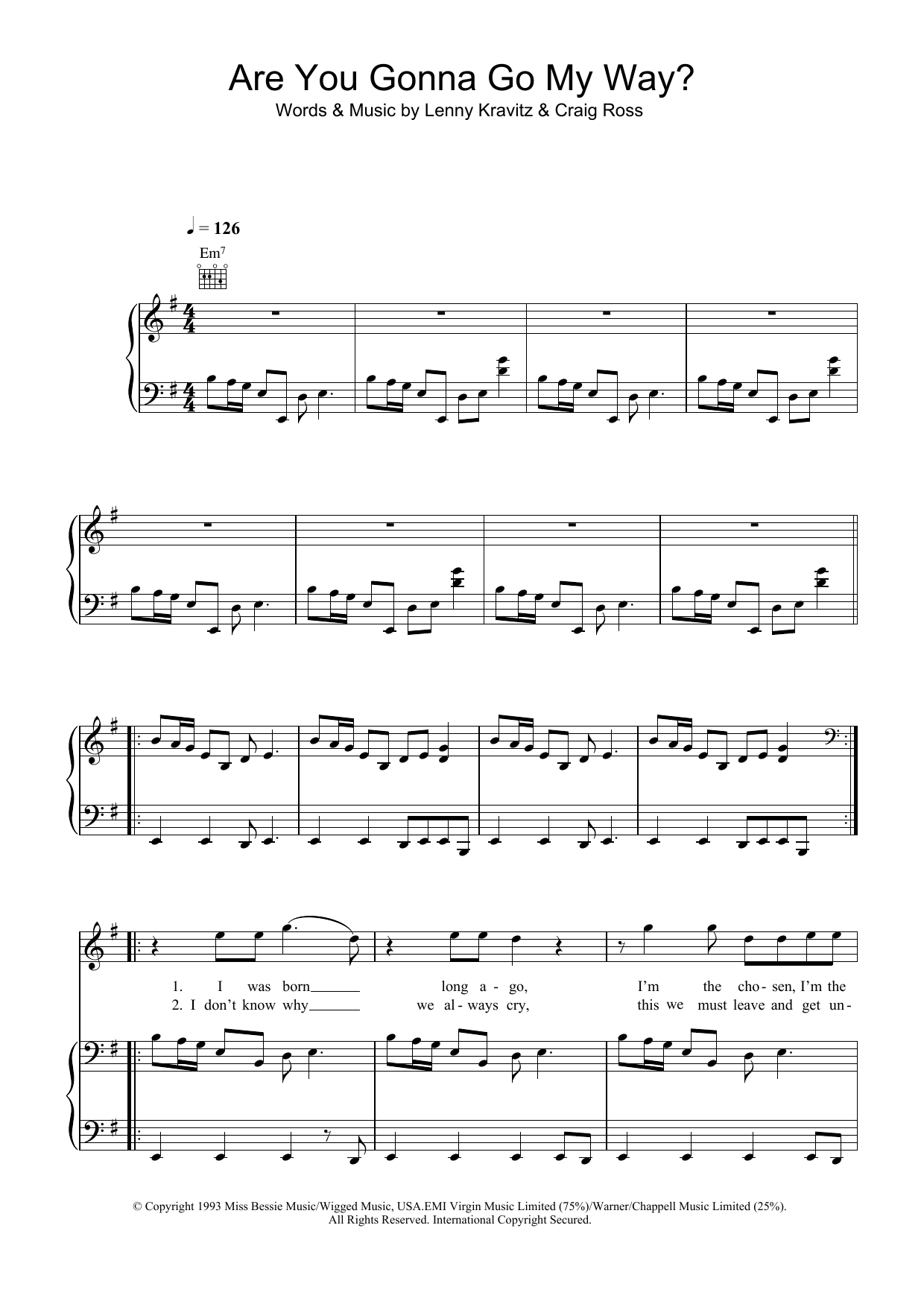 Lenny Kravitz Are You Gonna Go My Way? sheet music preview music notes and score for Piano, Vocal & Guitar including 6 page(s)