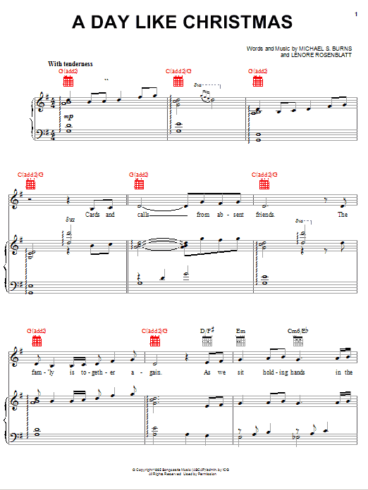 Learn to play Lenore Rosenblatt A Day Like Christmas sheet music for Piano, Vocal & Guitar (Right-Hand Melody) in minutes. Lenore Rosenblatt A Day Like Christmas sheet music preview music notes and score for Piano, Vocal & Guitar (Right-Hand Melody) including 5 page(s)