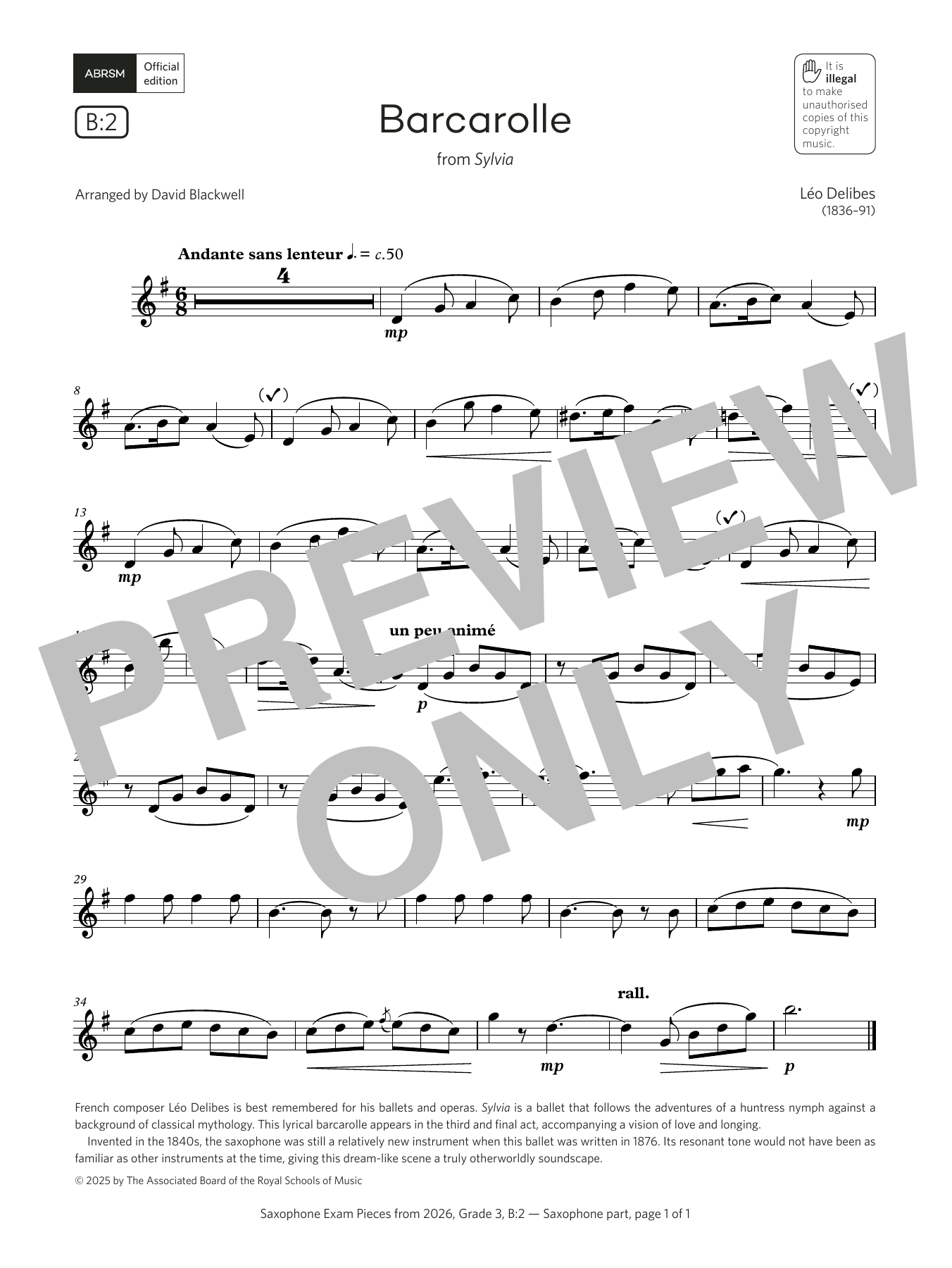 Léo Delibes Barcarolle (Grade 3, list B2, from the ABRSM Saxophone Syllabus from 2026) sheet music, chords, lyrics - Printable PDF for Alto Sax Solo