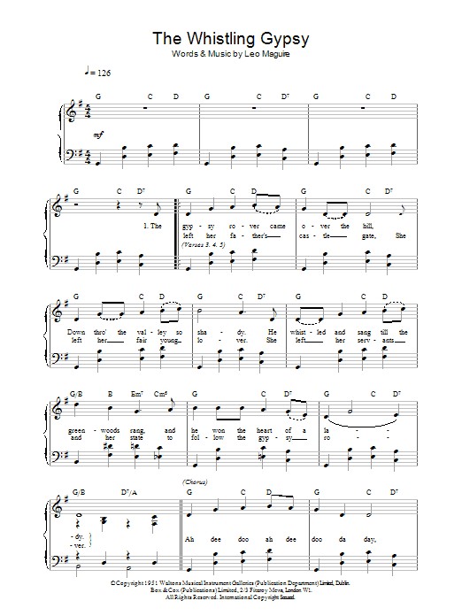 Download Leo Maguire Whistling Gypsy sheet music notes and chords for Piano, Vocal & Guitar (Right-Hand Melody) - Download Printable PDF and start playing in minutes.