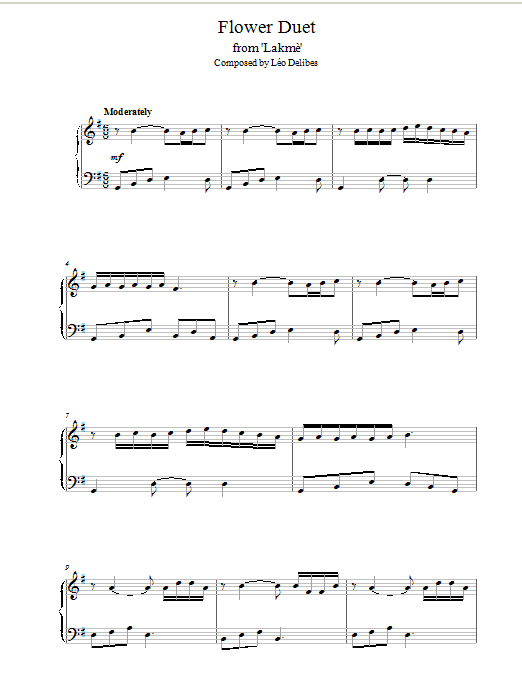 Learn to play Leo Delibes Flower Duet (from Lakme) sheet music for Piano, Vocal & Guitar (Right-Hand Melody) in minutes. Leo Delibes Flower Duet (from Lakme) sheet music preview music notes and score for Piano, Vocal & Guitar (Right-Hand Melody) including 6 page(s)