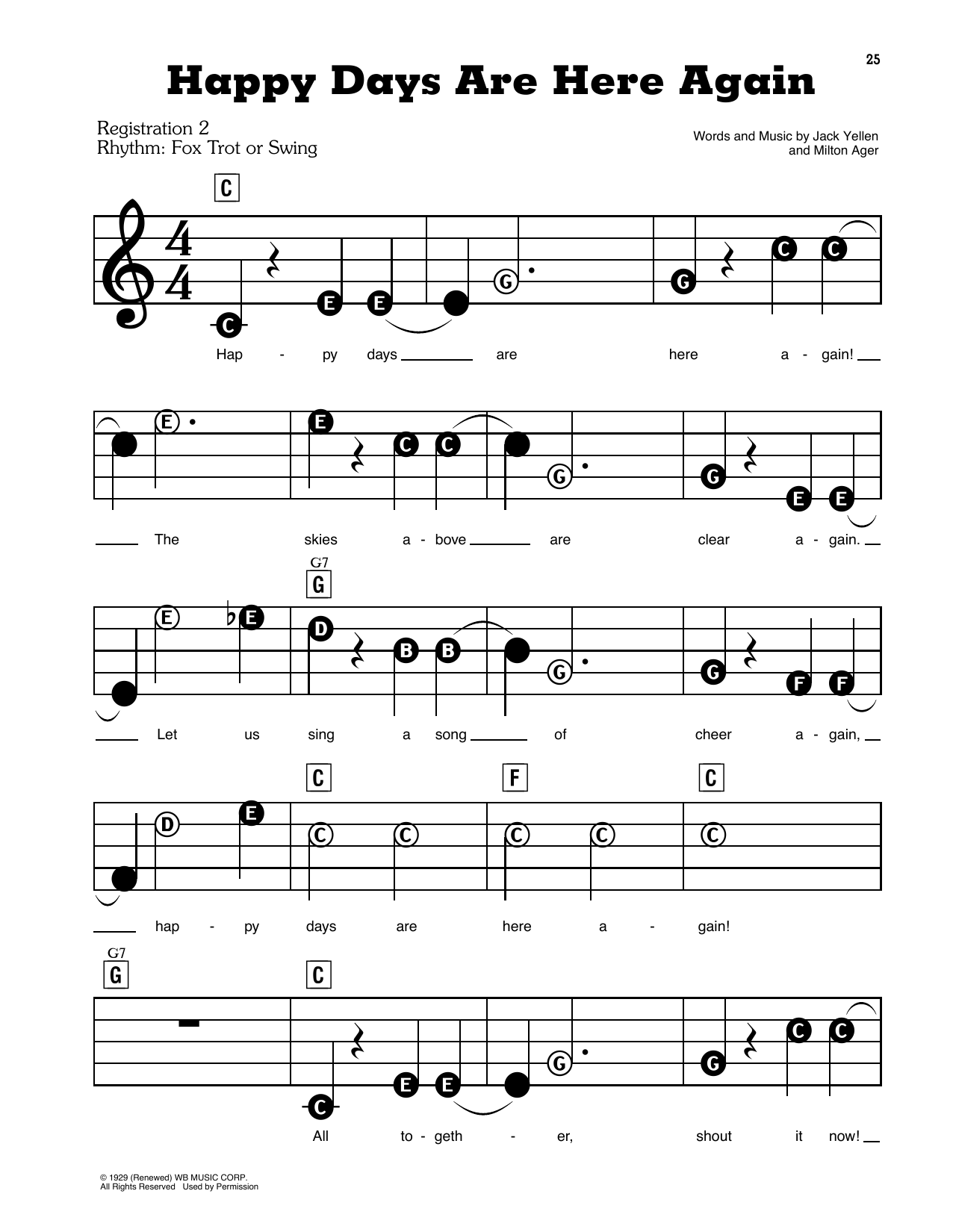 Learn to play Leo Reisman & His Orchestra Happy Days Are Here Again sheet music for E-Z Play Today in minutes. Leo Reisman & His Orchestra Happy Days Are Here Again sheet music preview music notes and score for E-Z Play Today including 3 page(s)