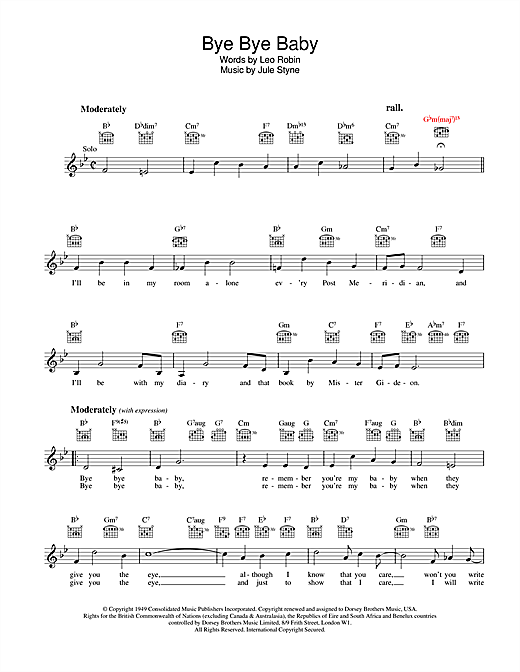 Learn to play Leo Robin Bye Bye Baby sheet music for Melody Line, Lyrics & Chords in minutes. Leo Robin Bye Bye Baby sheet music preview music notes and score for Melody Line, Lyrics & Chords including 2 page(s)