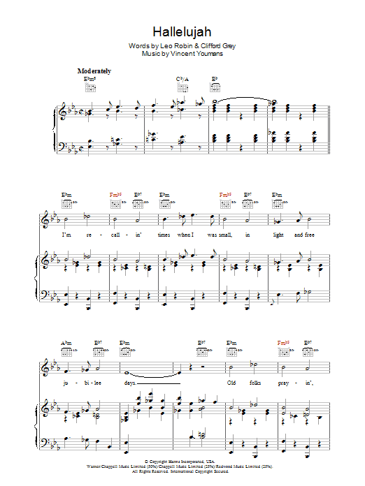 Learn to play Clifford Grey Hallelujah sheet music for Piano, Vocal & Guitar (Right-Hand Melody) in minutes. Clifford Grey Hallelujah sheet music preview music notes and score for Piano, Vocal & Guitar (Right-Hand Melody) including 5 page(s)