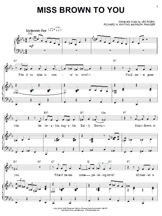 Learn to play Leo Robin Miss Brown To You sheet music for Piano, Vocal & Guitar (Right-Hand Melody) in minutes. Leo Robin Miss Brown To You sheet music preview music notes and score for Piano, Vocal & Guitar (Right-Hand Melody) including 3 page(s)