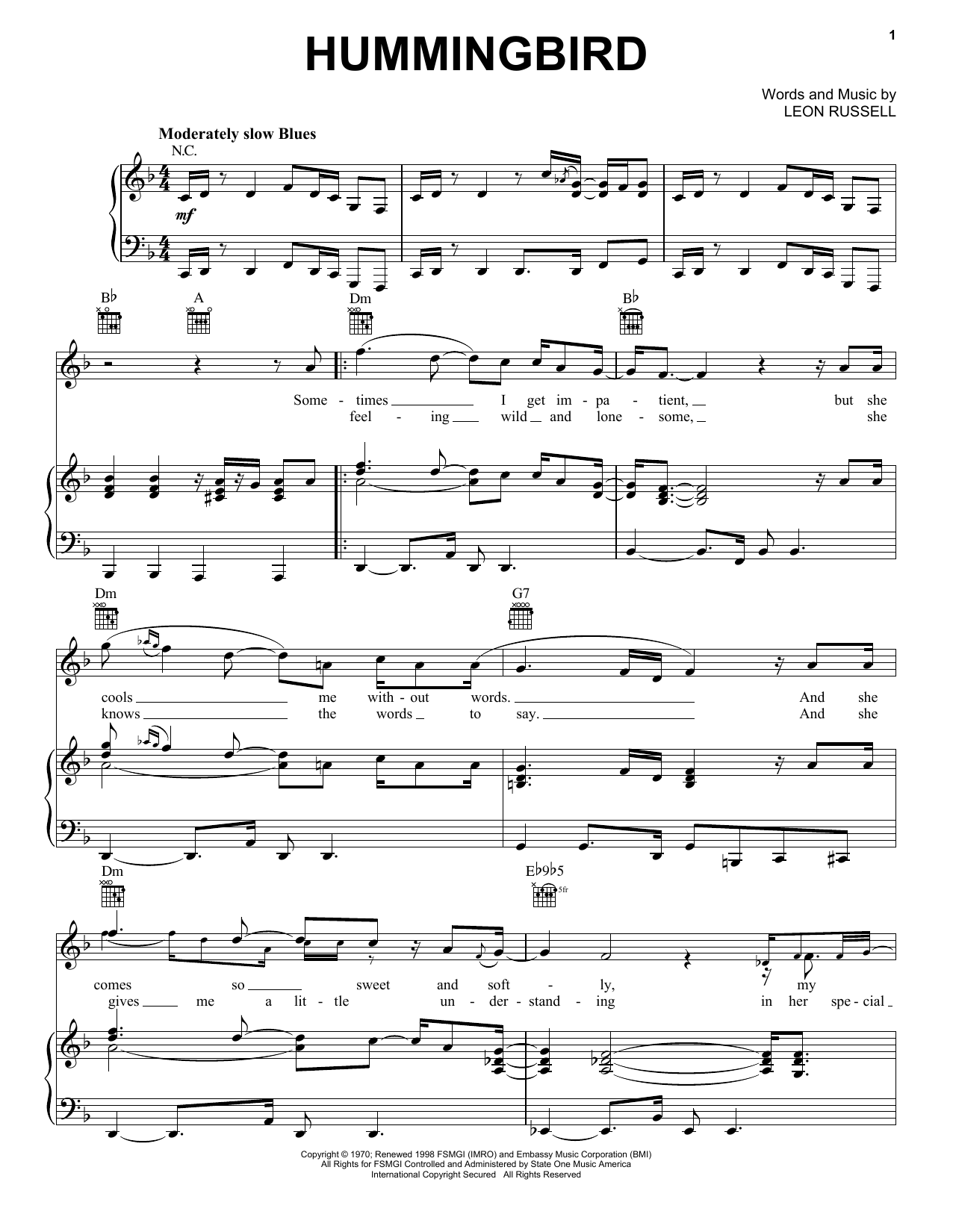Leon Russell Hummingbird sheet music preview music notes and score for Piano, Vocal & Guitar (Right-Hand Melody) including 4 page(s)