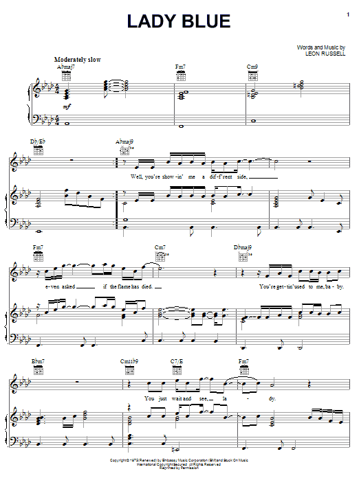 Learn to play Leon Russell Lady Blue sheet music for Piano, Vocal & Guitar (Right-Hand Melody) in minutes. Leon Russell Lady Blue sheet music preview music notes and score for Piano, Vocal & Guitar (Right-Hand Melody) including 5 page(s)