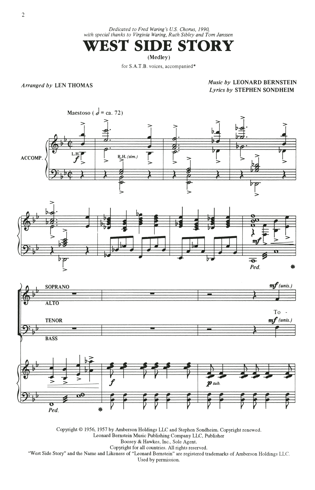 Leonard Bernstein & Stephen Sondheim Choral Medley from West Side Story (arr. Len Thomas) sheet music, chords, lyrics - Printable PDF for SATB Choir