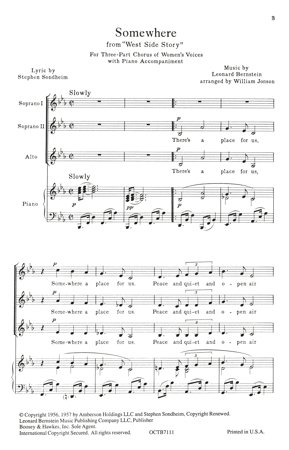 Leonard Bernstein & Stephen Sondheim Somewhere (from West Side Story) (arr. William Jonson) sheet music, chords, lyrics - Printable PDF for SSA Choir