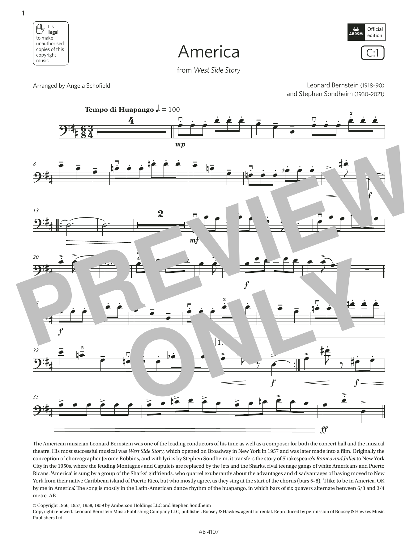 Leonard Bernstein America (Grade 4, C1, from the ABRSM Cello Syllabus from 2024) sheet music, chords, lyrics - Printable PDF for Cello Solo