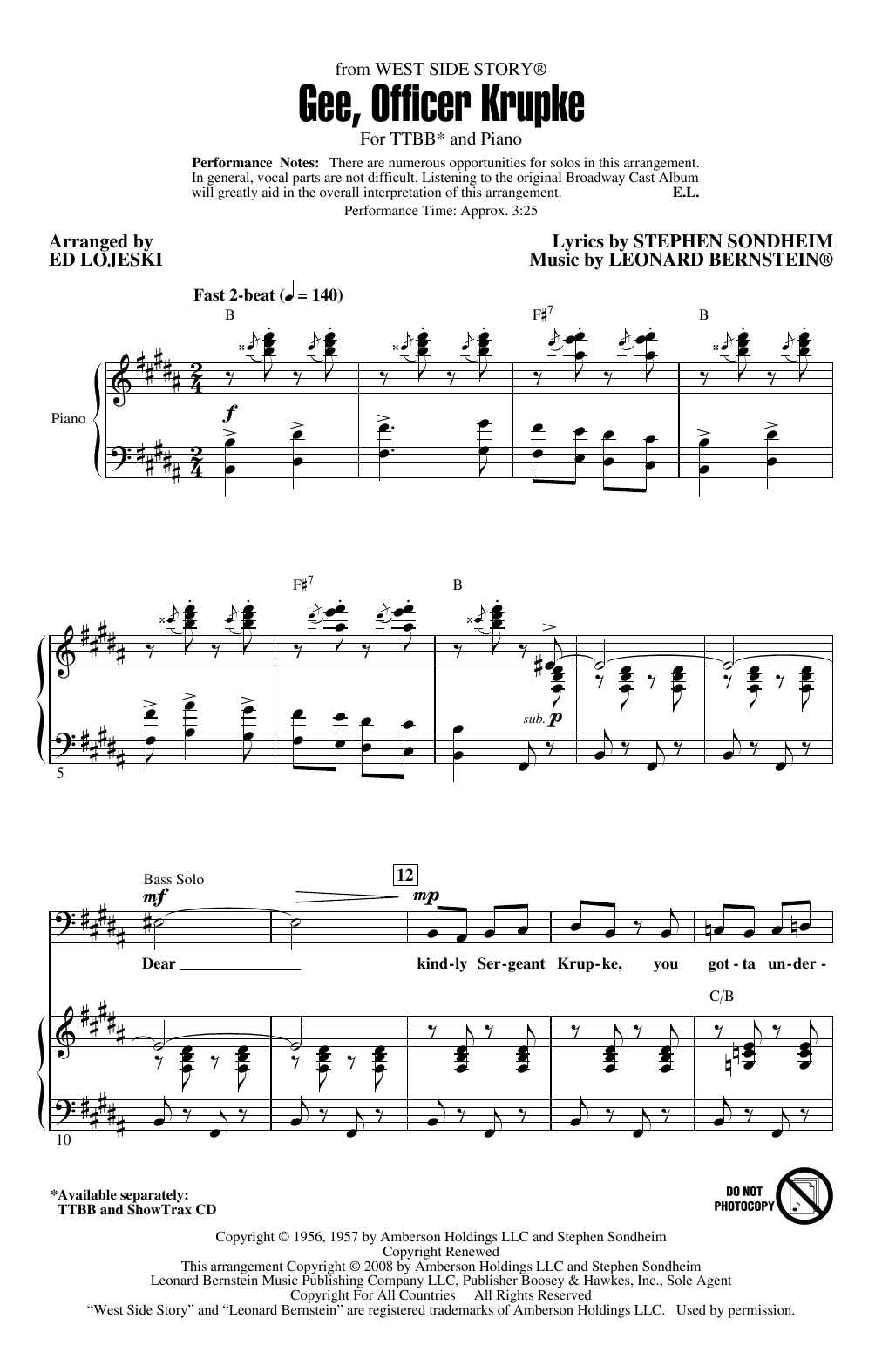 Leonard Bernstein Gee, Officer Krupke (from West Side Story) (arr. Ed Lojeski) sheet music, chords, lyrics - Printable PDF for TTBB Choir