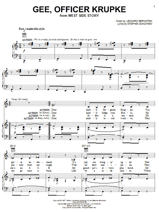 Leonard Bernstein Gee, Officer Krupke sheet music, chords, lyrics - Printable PDF for Piano, Vocal & Guitar (Right-Hand Melody)