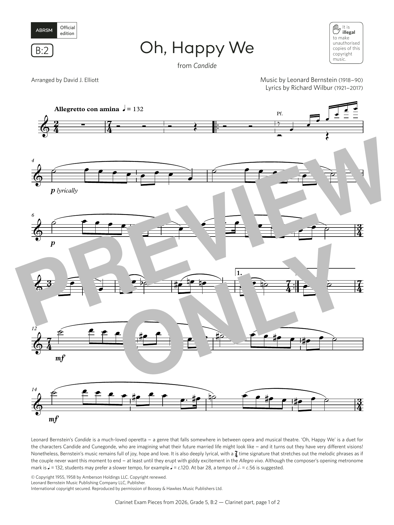 Leonard Bernstein Oh, Happy We (Grade 5, list B2, from the ABRSM Clarinet Syllabus from 2026) sheet music, chords, lyrics - Printable PDF for Clarinet Solo