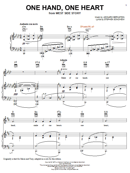 Leonard Bernstein One Hand, One Heart sheet music, chords, lyrics - Printable PDF for Piano, Vocal & Guitar (Right-Hand Melody)