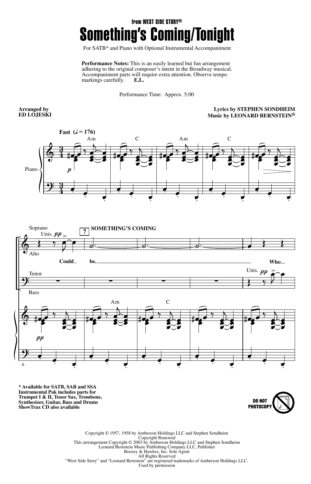 Leonard Bernstein Something's Coming/Tonight (from West Side Story) (arr. Ed Lojeski) sheet music, chords, lyrics - Printable PDF for SAB Choir