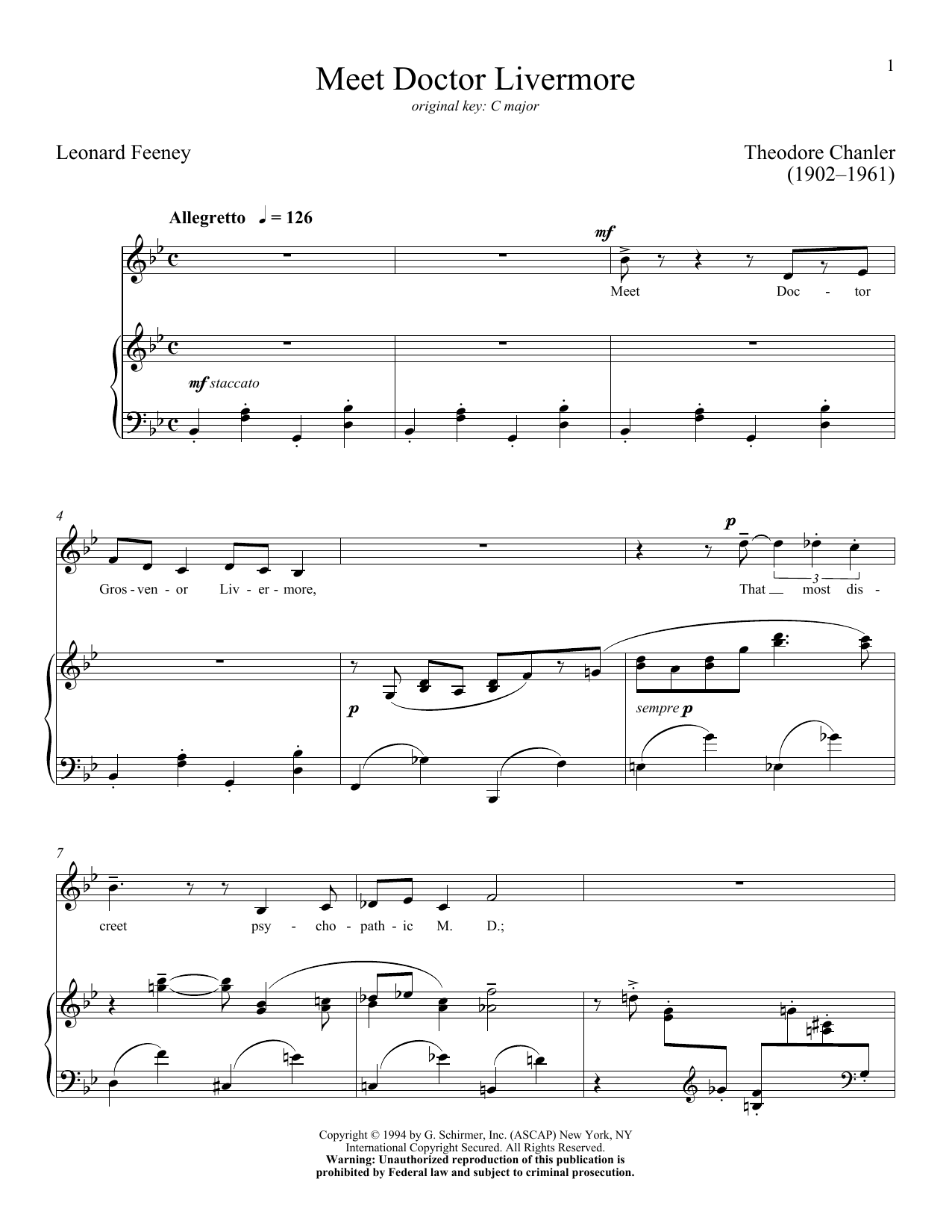 Leonard Feeney Meet Doctor Livermore sheet music, chords, lyrics - Printable PDF for Piano & Vocal