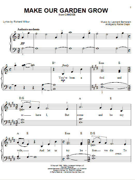 Learn to play Leonard Bernstein Make Our Garden Grow sheet music for Easy Piano in minutes. Leonard Bernstein Make Our Garden Grow sheet music preview music notes and score for Easy Piano including 6 page(s)