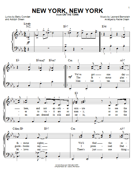Learn to play Leonard Bernstein New York, New York sheet music for Piano, Vocal & Guitar (Right-Hand Melody) in minutes. Leonard Bernstein New York, New York sheet music preview music notes and score for Piano, Vocal & Guitar (Right-Hand Melody) including 4 page(s)