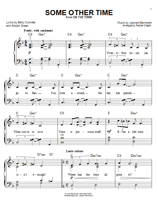 Learn to play Leonard Bernstein Some Other Time (from On The Town) sheet music for Easy Piano in minutes. Leonard Bernstein Some Other Time (from On The Town) sheet music preview music notes and score for Easy Piano including 5 page(s)
