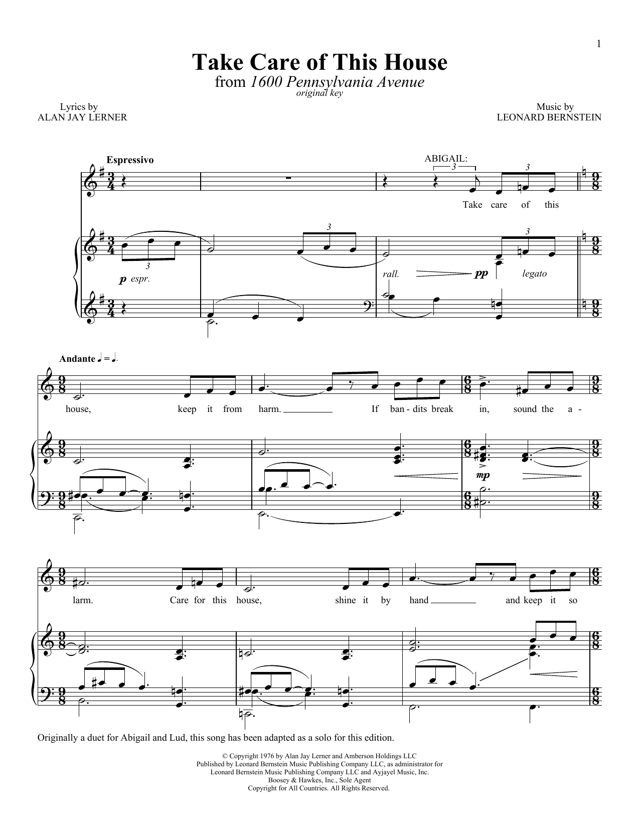 Learn to play Leonard Bernstein Take Care Of This House sheet music for Easy Piano in minutes. Leonard Bernstein Take Care Of This House sheet music preview music notes and score for Easy Piano including 3 page(s)