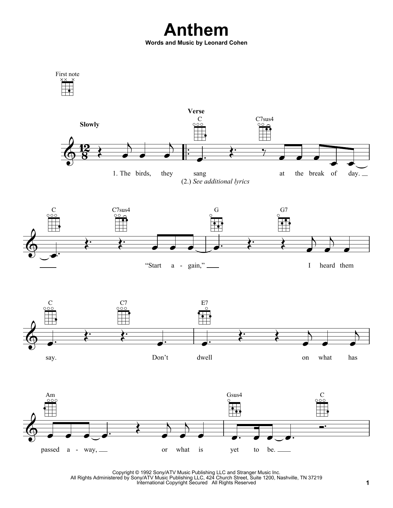 Learn to play Leonard Cohen Anthem sheet music for E-Z Play Today in minutes. Leonard Cohen Anthem sheet music preview music notes and score for E-Z Play Today including 6 page(s)
