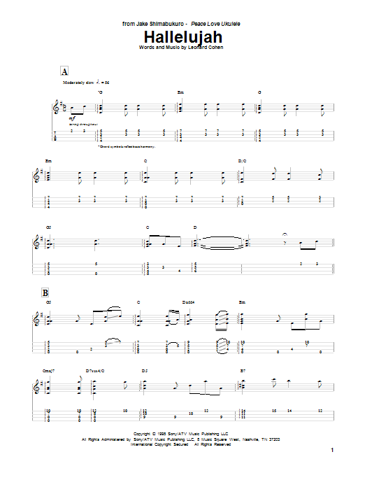 Leonard Cohen Hallelujah (arr. Jake Shimabukuro) sheet music preview music notes and score for Ukulele Tab including 3 page(s)