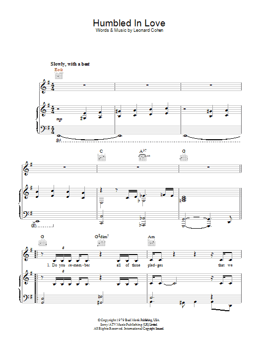 Learn to play Leonard Cohen Humbled In Love sheet music for Piano, Vocal & Guitar (Right-Hand Melody) in minutes. Leonard Cohen Humbled In Love sheet music preview music notes and score for Piano, Vocal & Guitar (Right-Hand Melody) including 4 page(s)