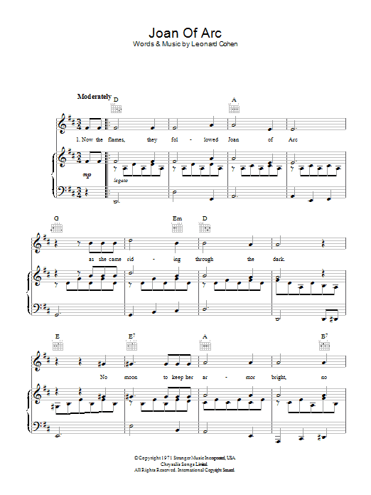 Learn to play Leonard Cohen Joan Of Arc sheet music for Piano, Vocal & Guitar (Right-Hand Melody) in minutes. Leonard Cohen Joan Of Arc sheet music preview music notes and score for Piano, Vocal & Guitar (Right-Hand Melody) including 5 page(s)