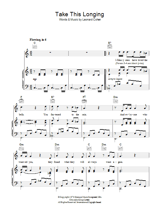 Learn to play Leonard Cohen Take This Longing sheet music for Piano, Vocal & Guitar (Right-Hand Melody) in minutes. Leonard Cohen Take This Longing sheet music preview music notes and score for Piano, Vocal & Guitar (Right-Hand Melody) including 3 page(s)