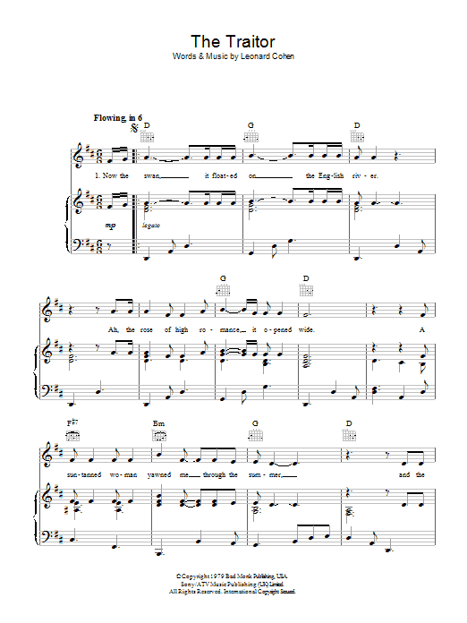 Learn to play Leonard Cohen The Traitor sheet music for Piano, Vocal & Guitar (Right-Hand Melody) in minutes. Leonard Cohen The Traitor sheet music preview music notes and score for Piano, Vocal & Guitar (Right-Hand Melody) including 4 page(s)