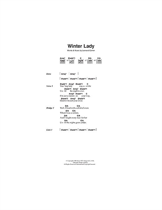 Learn to play Leonard Cohen Winter Lady sheet music for Lyrics & Chords in minutes. Leonard Cohen Winter Lady sheet music notes and chords