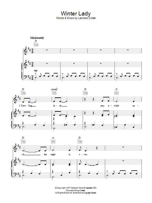 Learn to play Leonard Cohen Winter Lady sheet music for Piano, Vocal & Guitar (Right-Hand Melody) in minutes. Leonard Cohen Winter Lady sheet music preview music notes and score for Piano, Vocal & Guitar (Right-Hand Melody) including 3 page(s)