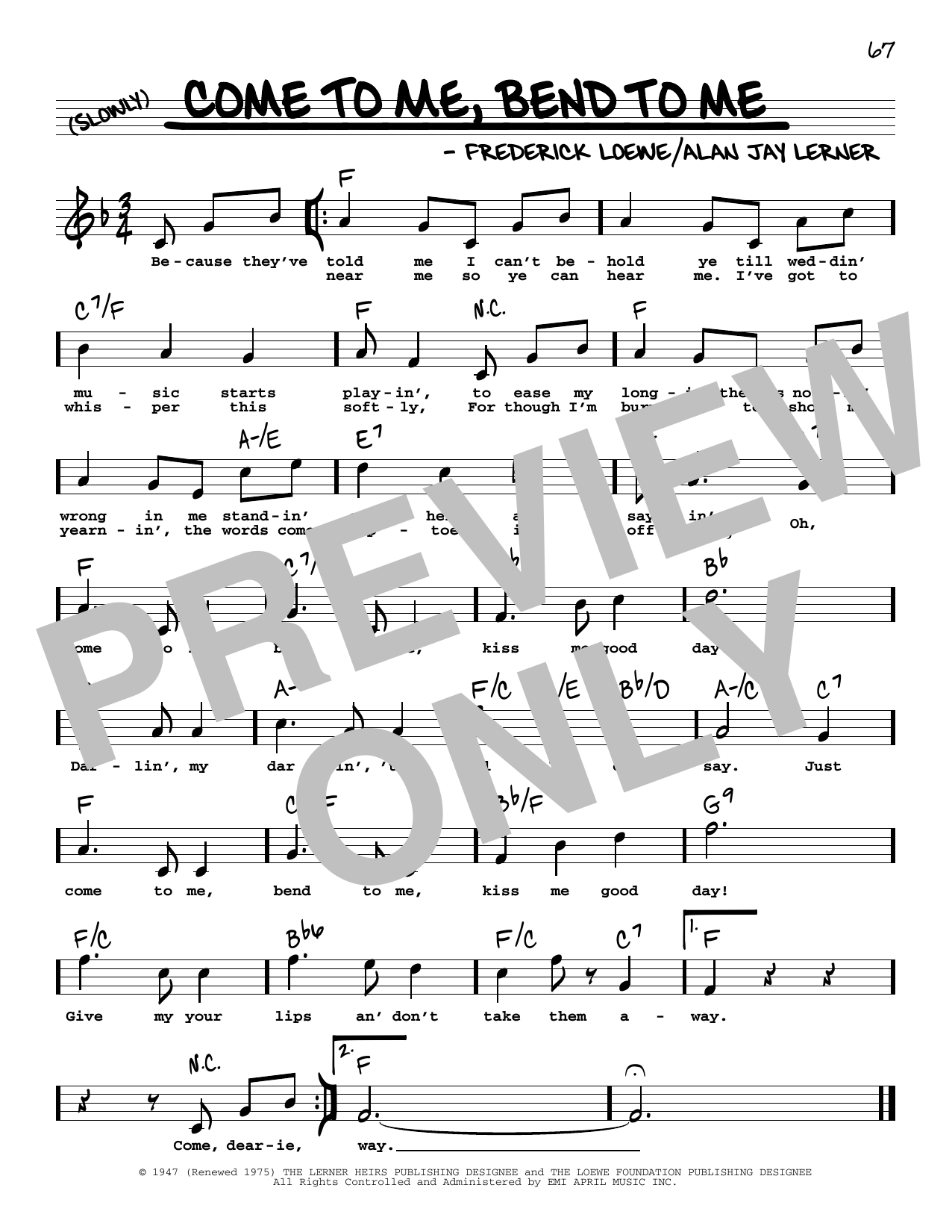 Lerner & Loewe Come To Me, Bend To Me (High Voice) sheet music, chords, lyrics - Printable PDF for Real Book – Melody, Lyrics & Chords