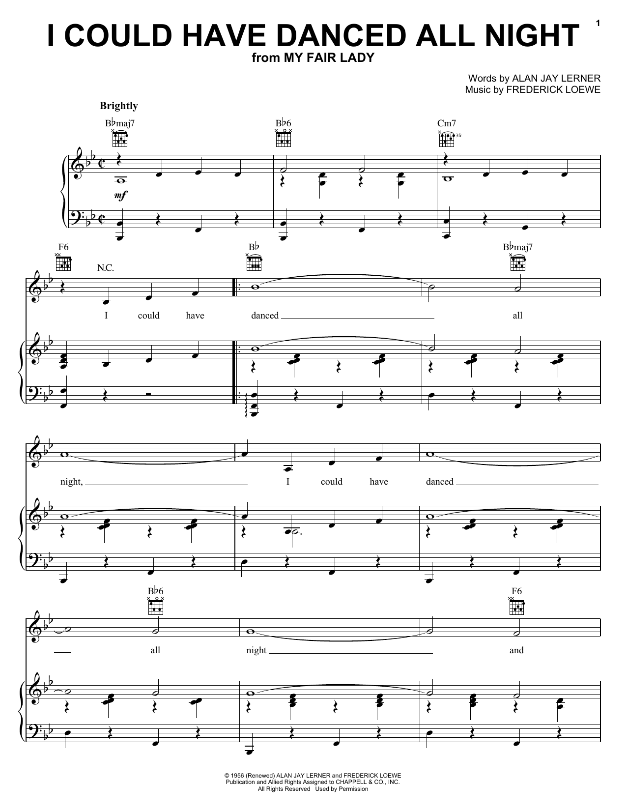 Download Lerner & Loewe I Could Have Danced All Night sheet music notes and chords for Piano, Vocal & Guitar (Right-Hand Melody) - Download Printable PDF and start playing in minutes.