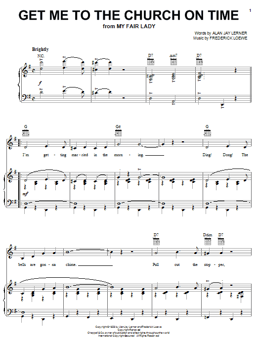 Learn to play Lerner & Loewe Get Me To The Church On Time sheet music for Piano, Vocal & Guitar (Right-Hand Melody) in minutes. Lerner & Loewe Get Me To The Church On Time sheet music preview music notes and score for Piano, Vocal & Guitar (Right-Hand Melody) including 4 page(s)