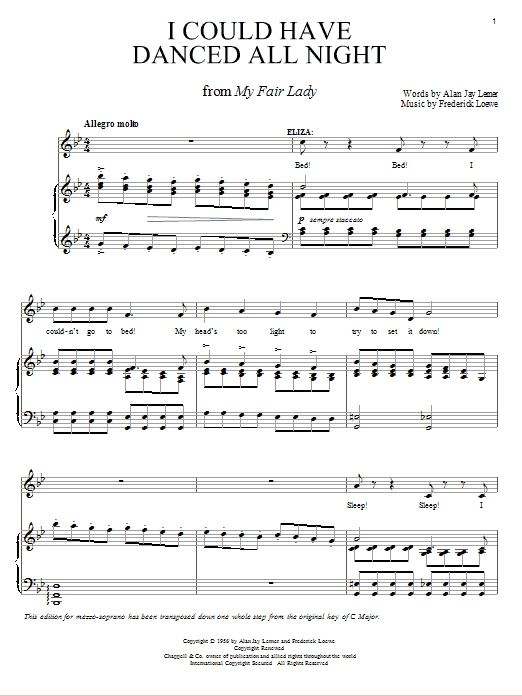 Learn to play Lerner & Loewe I Could Have Danced All Night sheet music for Piano, Vocal & Guitar (Right-Hand Melody) in minutes. Lerner & Loewe I Could Have Danced All Night sheet music preview music notes and score for Piano, Vocal & Guitar (Right-Hand Melody) including 5 page(s)