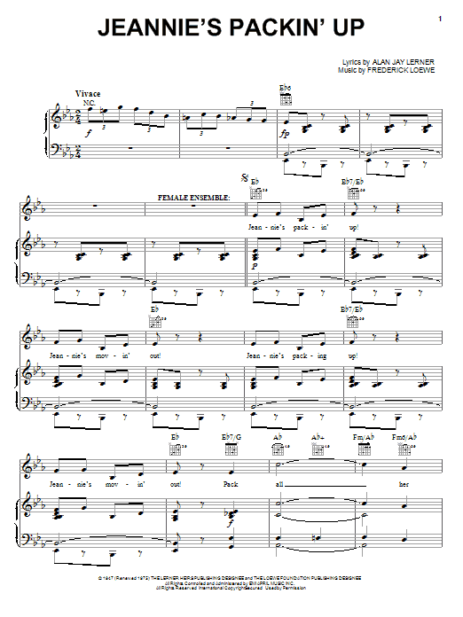 Learn to play Lerner & Loewe Jeannie's Packin' Up sheet music for Piano, Vocal & Guitar (Right-Hand Melody) in minutes. Lerner & Loewe Jeannie's Packin' Up sheet music preview music notes and score for Piano, Vocal & Guitar (Right-Hand Melody) including 4 page(s)