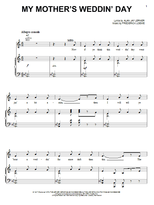 Learn to play Lerner & Loewe My Mother's Weddin' Day sheet music for Piano, Vocal & Guitar (Right-Hand Melody) in minutes. Lerner & Loewe My Mother's Weddin' Day sheet music preview music notes and score for Piano, Vocal & Guitar (Right-Hand Melody) including 6 page(s)