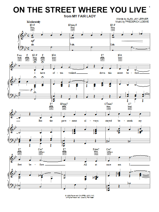 Learn to play Lerner & Loewe On The Street Where You Live sheet music for Piano, Vocal & Guitar (Right-Hand Melody) in minutes. Lerner & Loewe On The Street Where You Live sheet music notes and chords