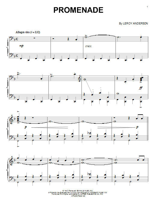 Learn to play Leroy Anderson Promenade sheet music for Piano in minutes. Leroy Anderson Promenade sheet music preview music notes and score for Piano including 10 page(s)