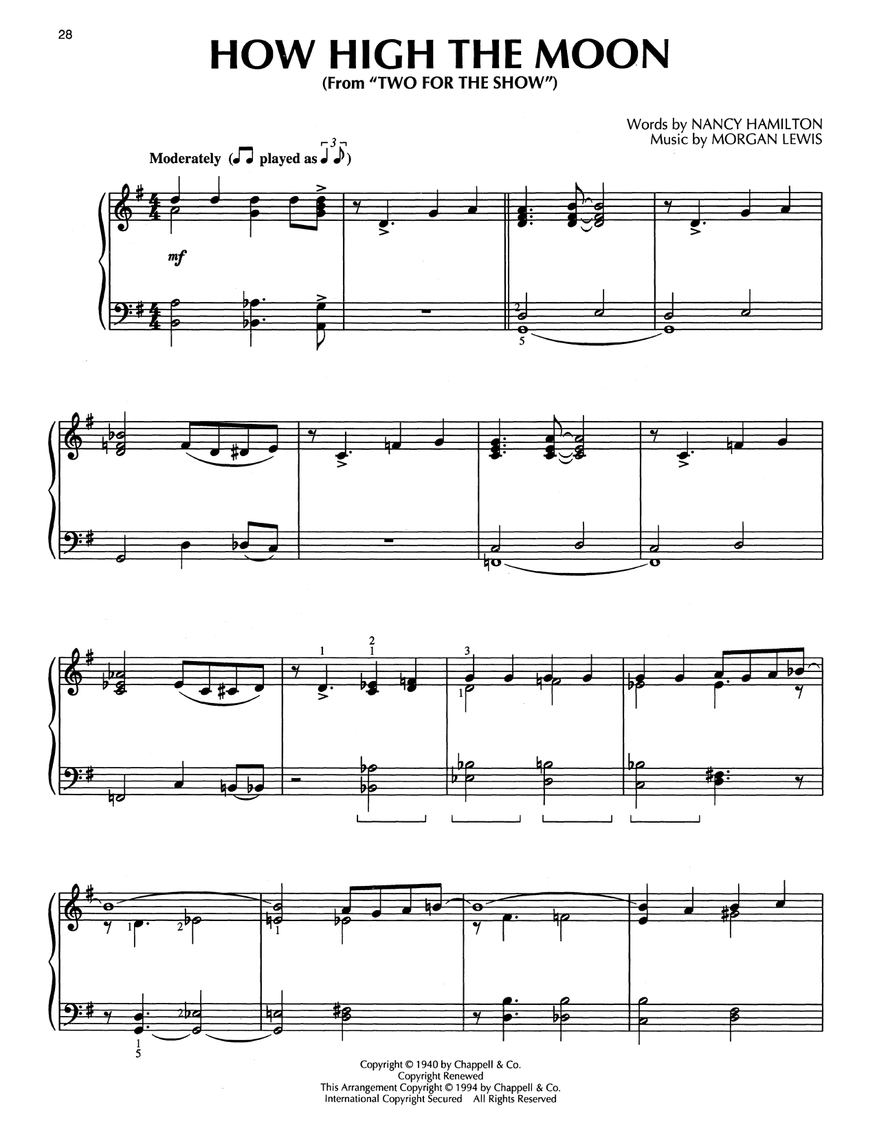 Les Paul & Mary Ford How High The Moon (from Two For The Show) (arr. Bill Boyd) sheet music, chords, lyrics - Printable PDF for Piano Solo