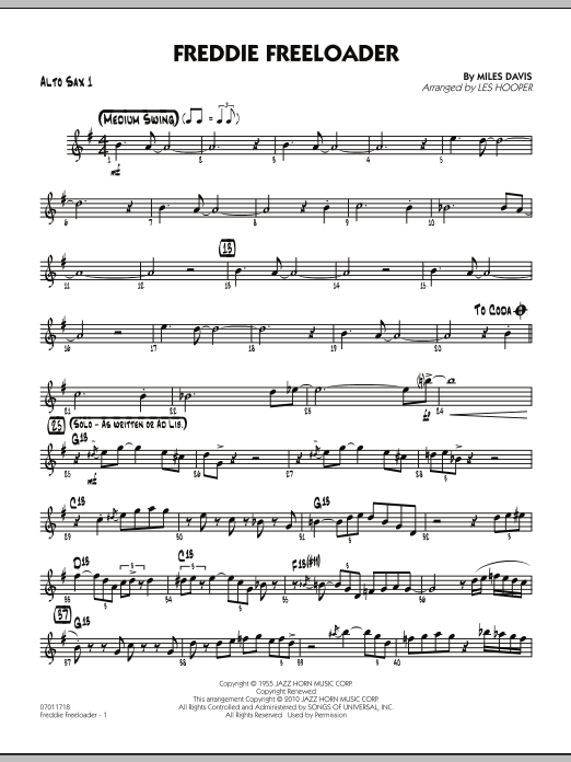 Learn to play Les Hooper Freddie Freeloader - Alto Sax 1 sheet music for Jazz Ensemble in minutes. Les Hooper Freddie Freeloader - Alto Sax 1 sheet music preview music notes and score for Jazz Ensemble including 2 page(s)