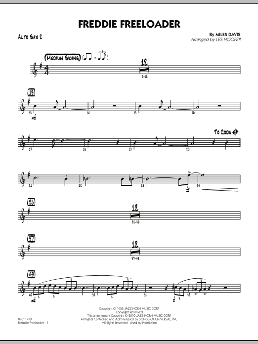 Learn to play Les Hooper Freddie Freeloader - Alto Sax 2 sheet music for Jazz Ensemble in minutes. Les Hooper Freddie Freeloader - Alto Sax 2 sheet music preview music notes and score for Jazz Ensemble including 2 page(s)