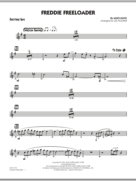 Learn to play Les Hooper Freddie Freeloader - Baritone Sax sheet music for Jazz Ensemble in minutes. Les Hooper Freddie Freeloader - Baritone Sax sheet music preview music notes and score for Jazz Ensemble including 2 page(s)