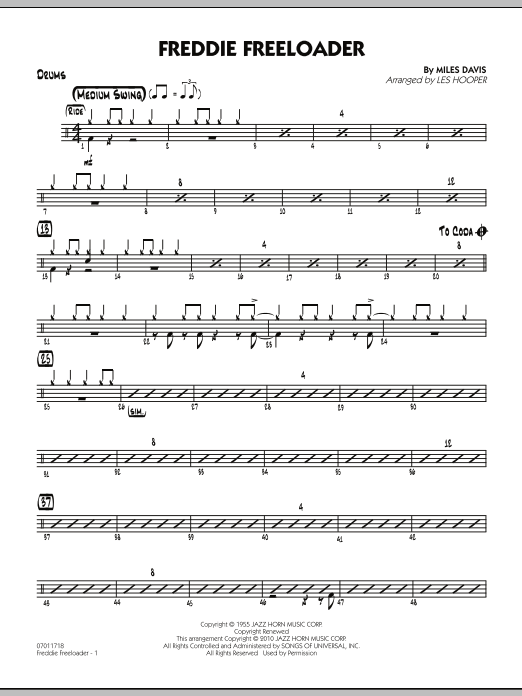 Learn to play Les Hooper Freddie Freeloader - Drums sheet music for Jazz Ensemble in minutes. Les Hooper Freddie Freeloader - Drums sheet music preview music notes and score for Jazz Ensemble including 2 page(s)
