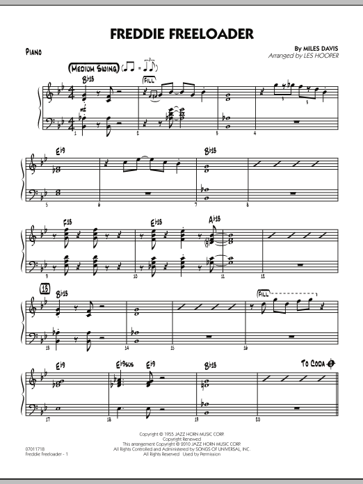 Learn to play Les Hooper Freddie Freeloader - Piano sheet music for Jazz Ensemble in minutes. Les Hooper Freddie Freeloader - Piano sheet music preview music notes and score for Jazz Ensemble including 4 page(s)