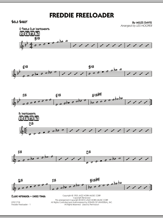 Learn to play Les Hooper Freddie Freeloader - Solo Sheet sheet music for Jazz Ensemble in minutes. Les Hooper Freddie Freeloader - Solo Sheet sheet music preview music notes and score for Jazz Ensemble including 2 page(s)