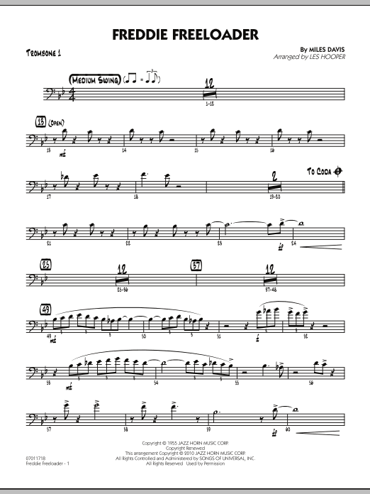 Learn to play Les Hooper Freddie Freeloader - Trombone 1 sheet music for Jazz Ensemble in minutes. Les Hooper Freddie Freeloader - Trombone 1 sheet music preview music notes and score for Jazz Ensemble including 2 page(s)